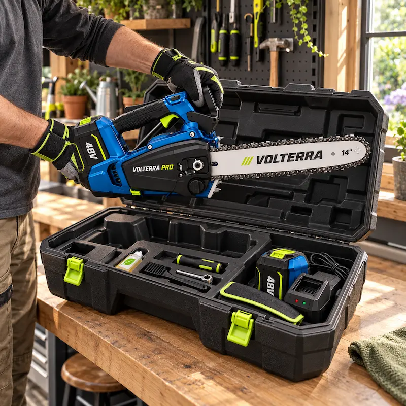 VolterraPro w otwartej walizce z drugim akumulatorem 48V, ładowarką, olejem i akcesoriami